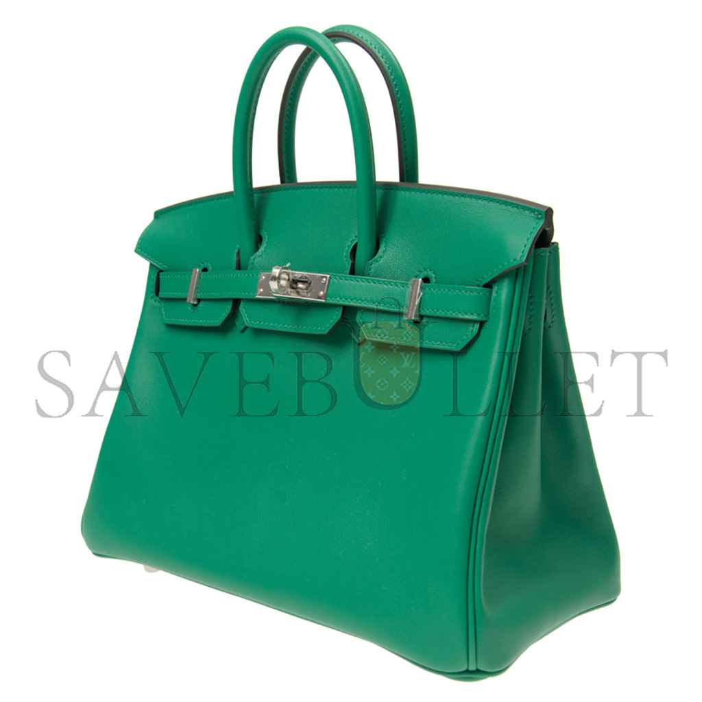 HERMÈS BIRKIN 25 SWIFT LEATHER VELVET GREEN SILVER BUCKLE H049362CK17 (25*20*13cm)